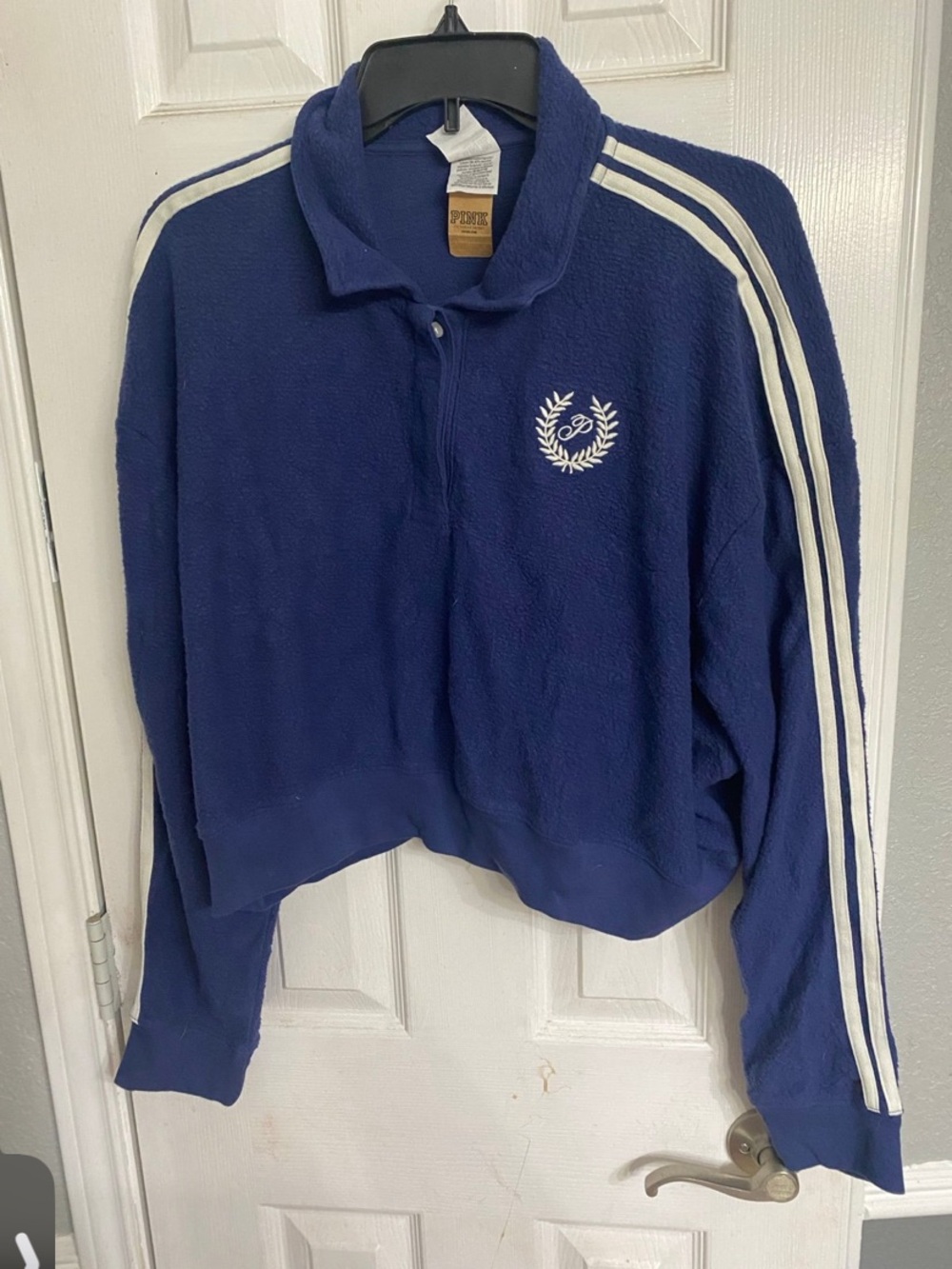 Women's Navy Fleece Crop Pullover Sweater with Stripe Detail